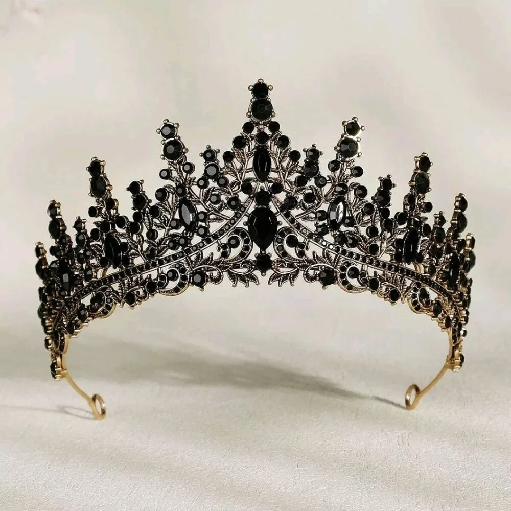 Black Crystal Crown, Gold Headband, Gothic Princess Tiara, Queen Hair Tiara